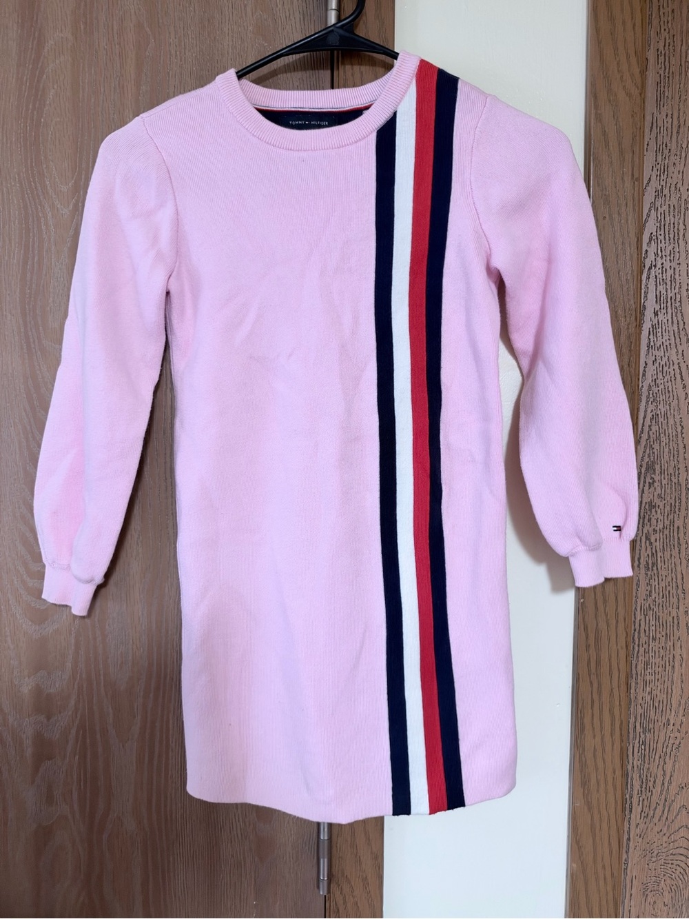 Tommy Hilfiger Light Pink Knit Sweater Dress with Navy, Red & White Stripes